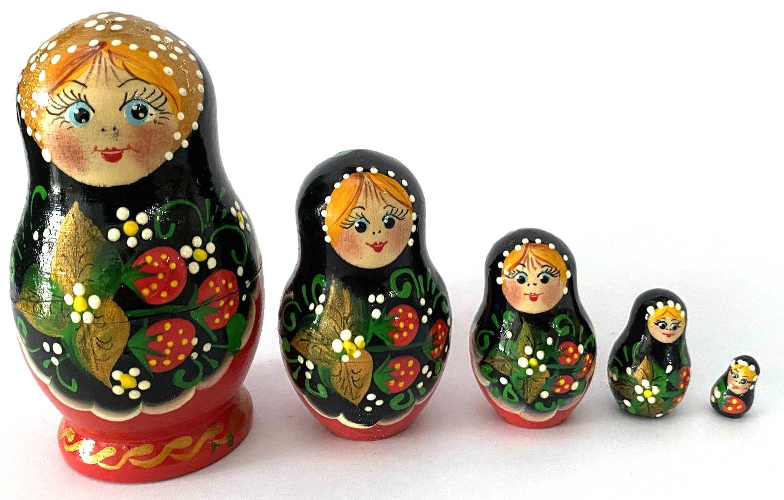 Khokhloma Strawberry Matryoshka Nesting Dolls – 5 Nested Set