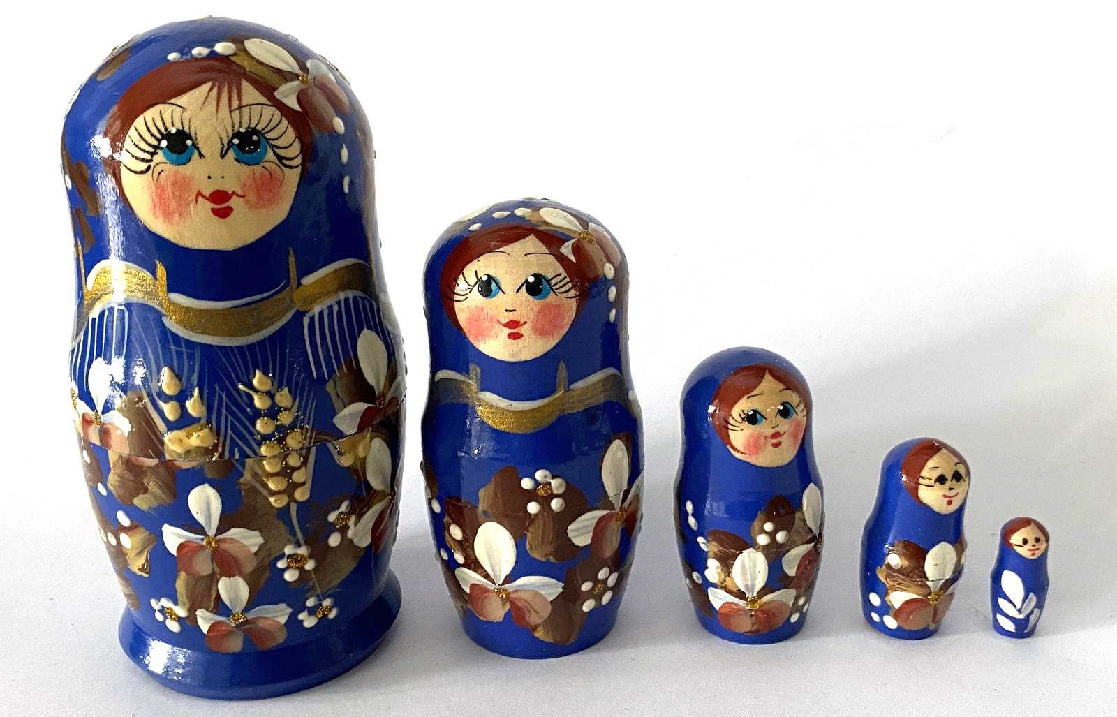 Blue Wheat & Floral Nesting Dolls – 5 Nested Set