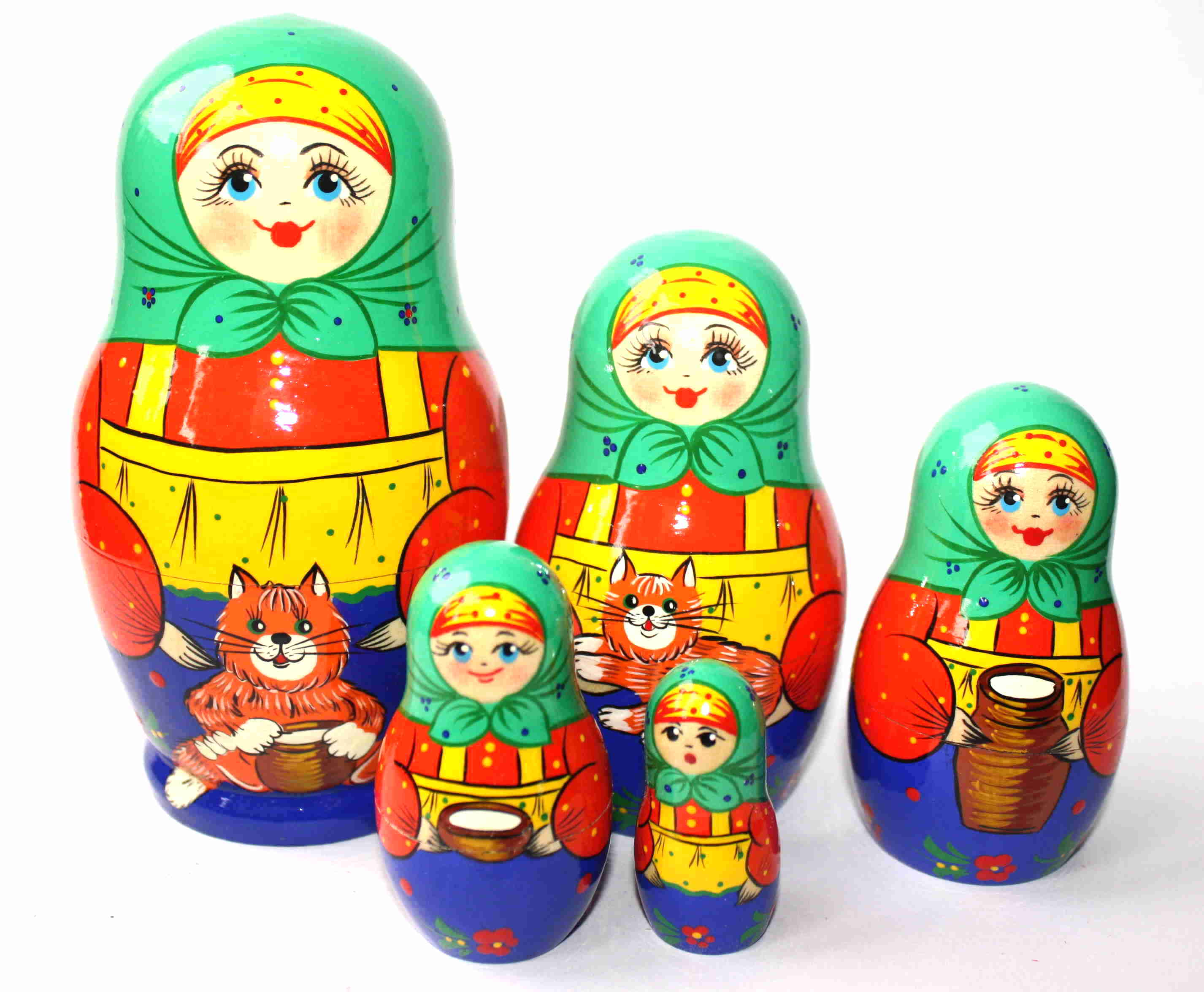 Green & Red Folk Costume Matryoshka with Cat – 5 Nested Set
