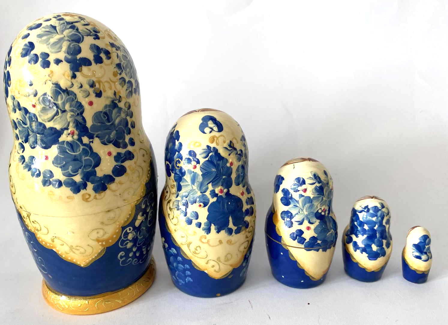 Kudryavtseva Gzhel Blue & Gold Nesting Dolls - 5 Nested Set