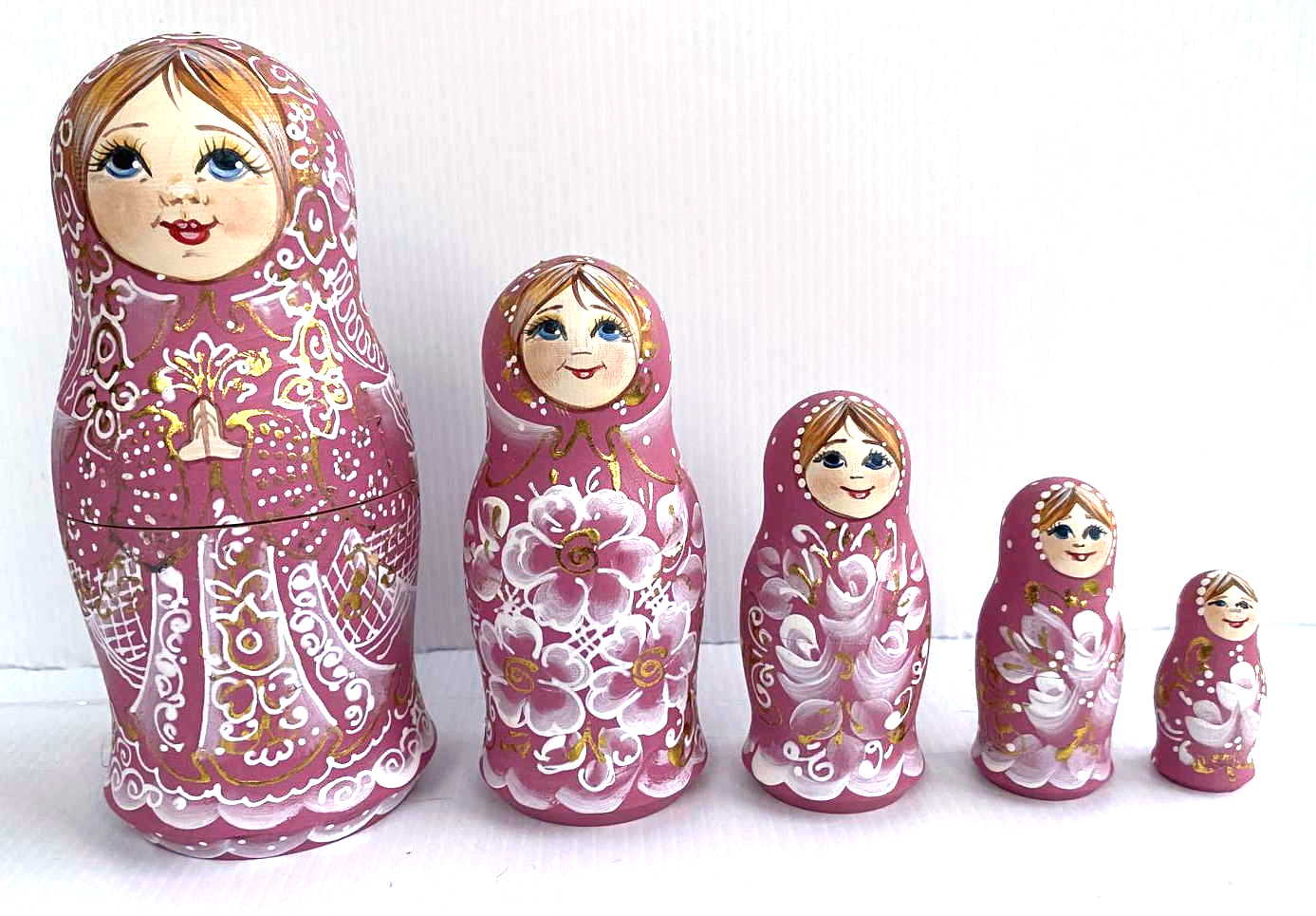 Morozova Pink & White Floral Nesting Dolls - 5 Nested Set