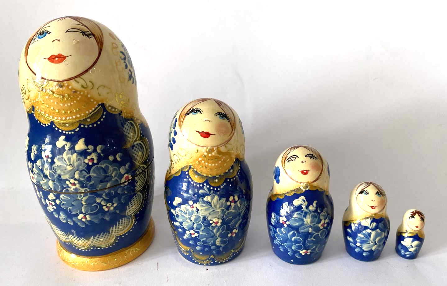 Kudryavtseva Gzhel Blue & Gold Nesting Dolls - 5 Nested Set