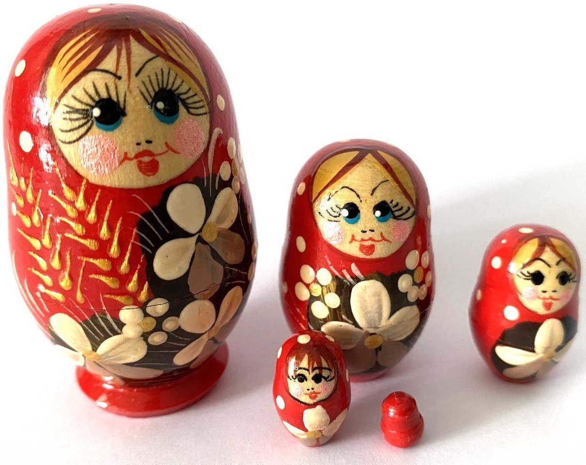 Miniature Red Wheat & White Flower Nesting Dolls – 5 Nested Set