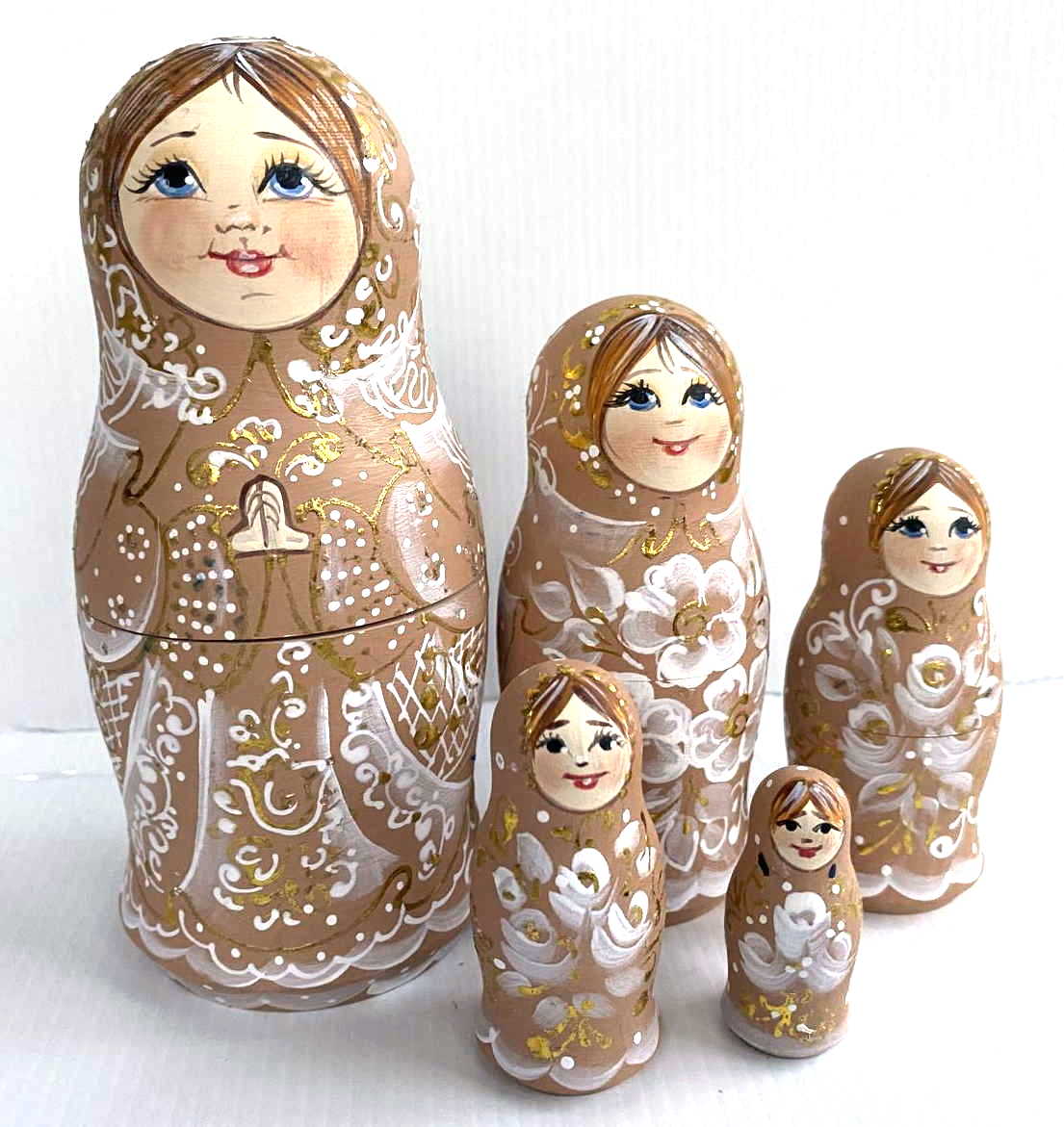 Morozova Champagne & Gold Floral Nesting Dolls - 5 Nested Set