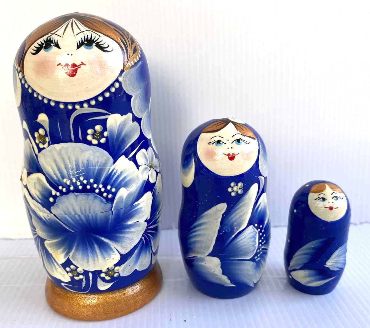 Cobalt Blue Gzhel-Style Matryoshka – 3 Nested Set