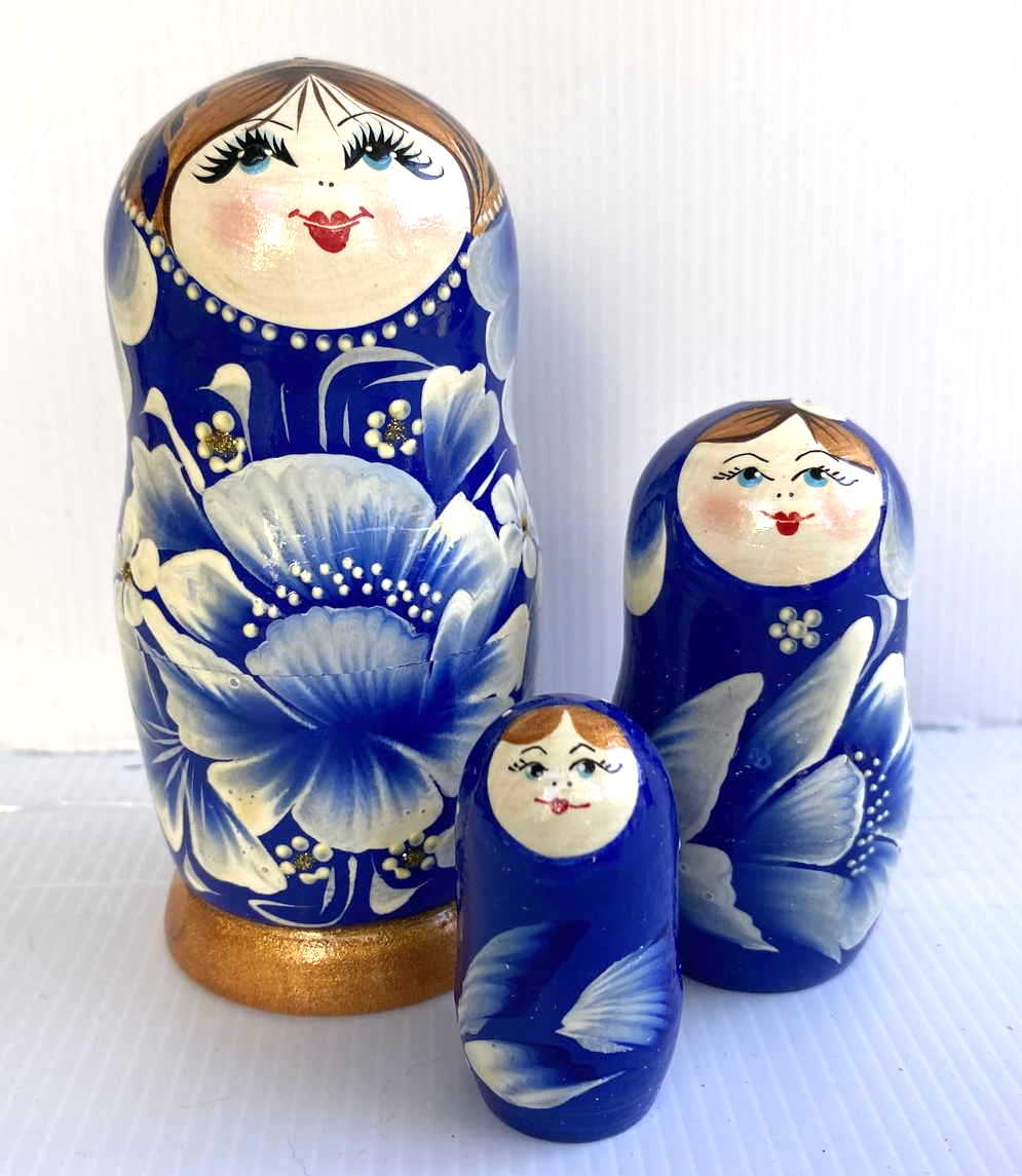 Cobalt Blue Gzhel-Style Matryoshka – 3 Nested Set