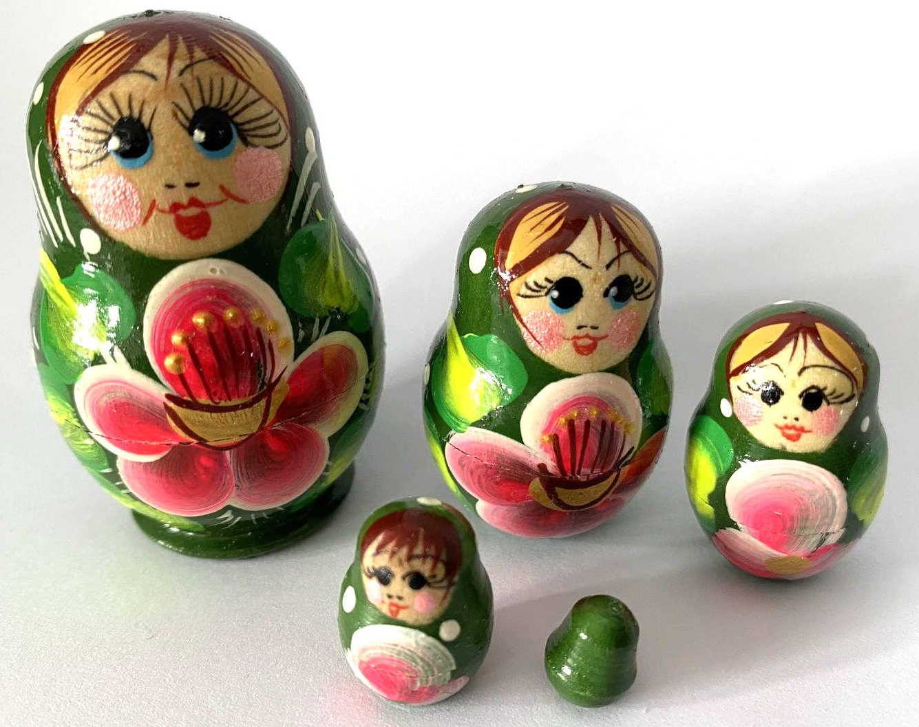 Miniature Green Floral Nesting Dolls – 5 Nested Set