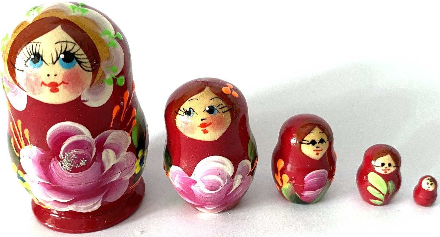 Miniature Red Rose & Glitter Nesting Dolls – 5 Nested Set - 55mm