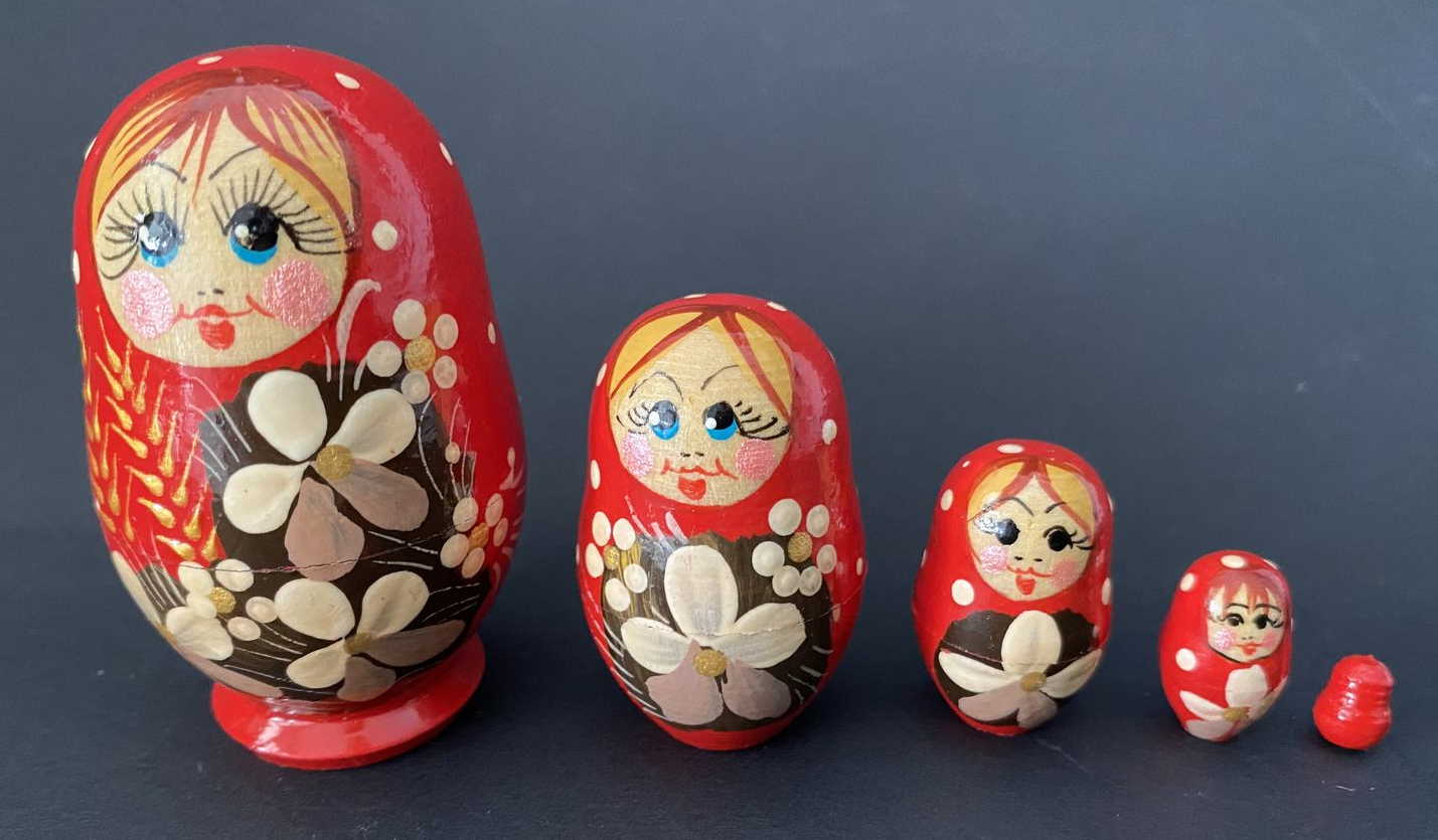 Miniature Red Wheat & White Flower Nesting Dolls – 5 Nested Set