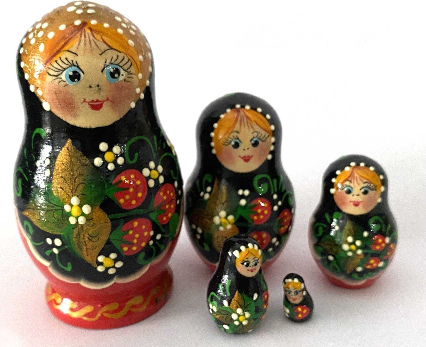 Khokhloma Strawberry Matryoshka Nesting Dolls – 5 Nested Set