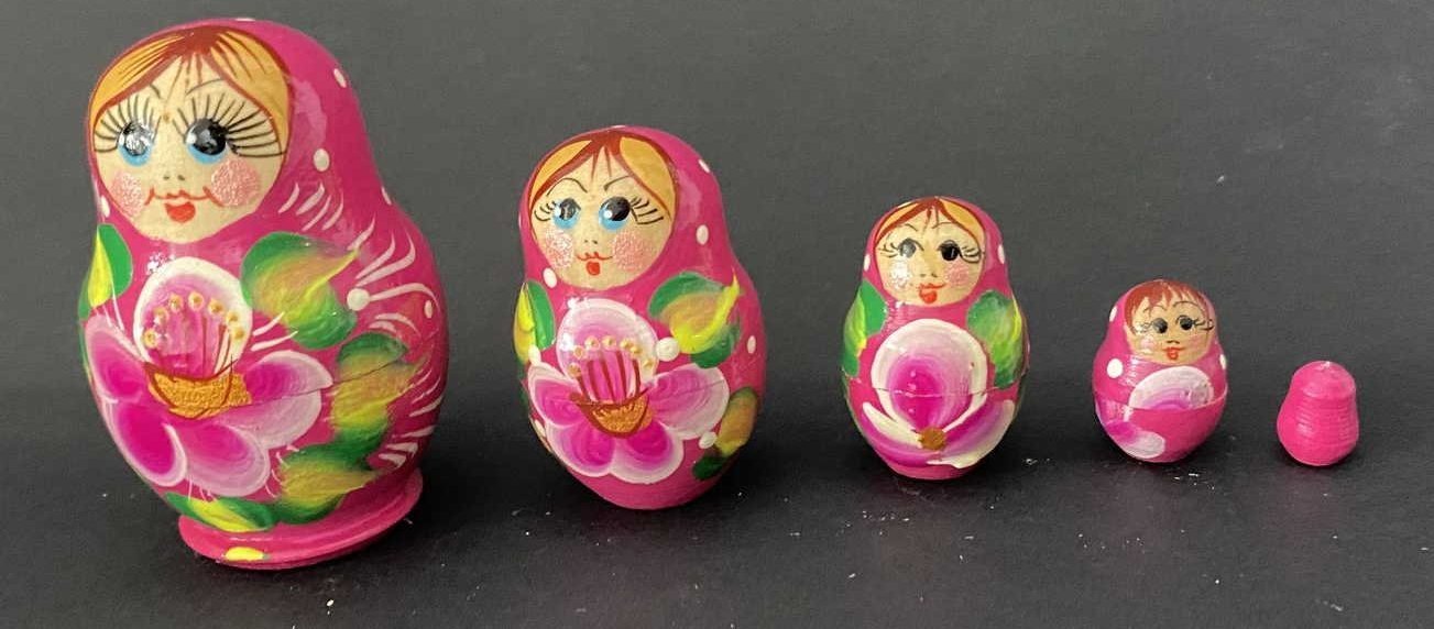 Miniature Pink Lotus & Green Leaf Nesting Dolls – 5 Nested Set - 55mm