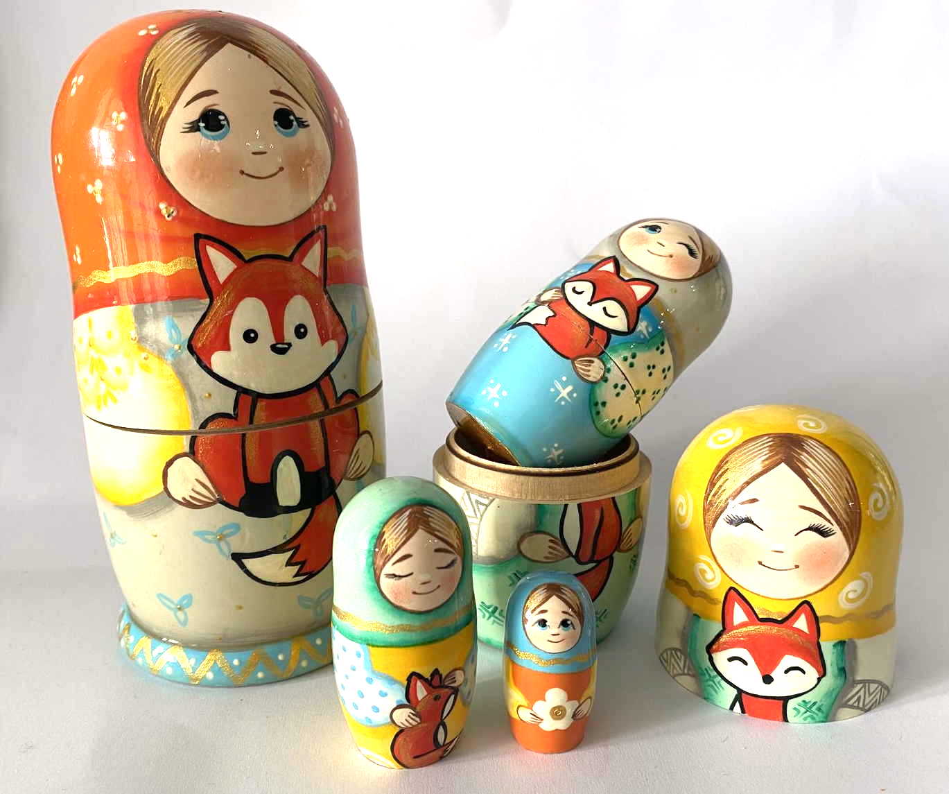 Fox & Friends Nesting Dolls - 5 Nested Set, Signed О.S.