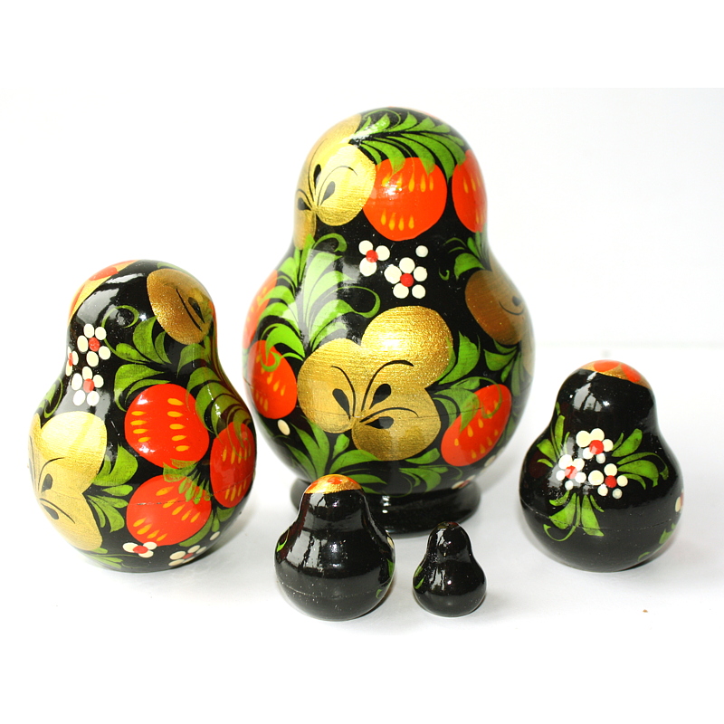 Vyatka Black Strawberry & Gold Floral Nesting Dolls – 5 Nested Set