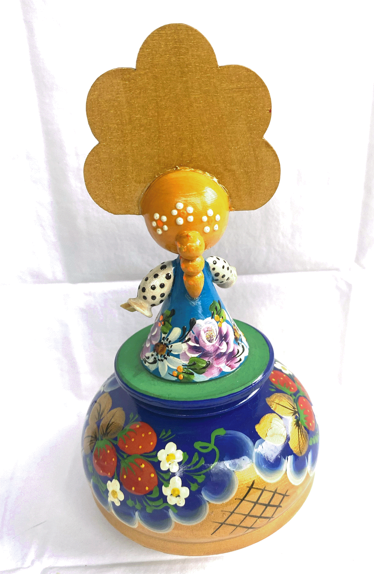 Russian Hand-Painted Wooden Music Box with Folk Maiden Figurine