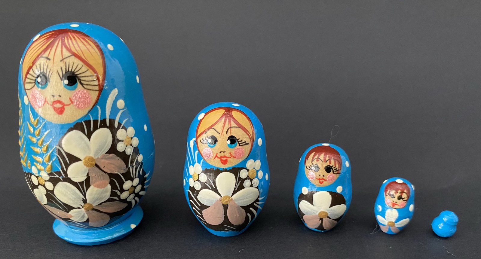 Miniature Blue Daisy Matryoshka – 5 Nested Set – 55mm