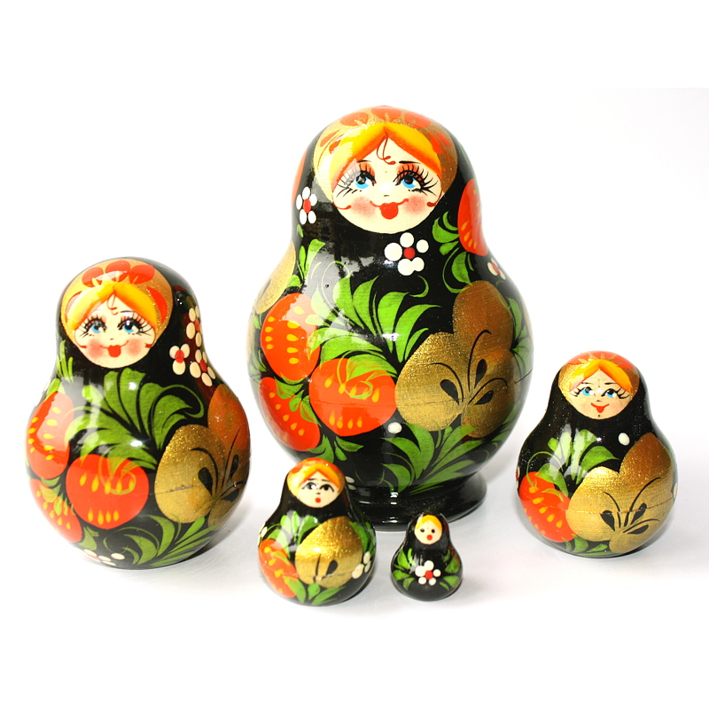 Vyatka Black Strawberry & Gold Floral Nesting Dolls – 5 Nested Set