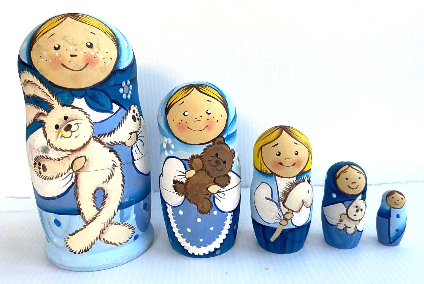 Artist Matryoshka – Freckled Girl with Toys by Belyakova – 5 Nested Set