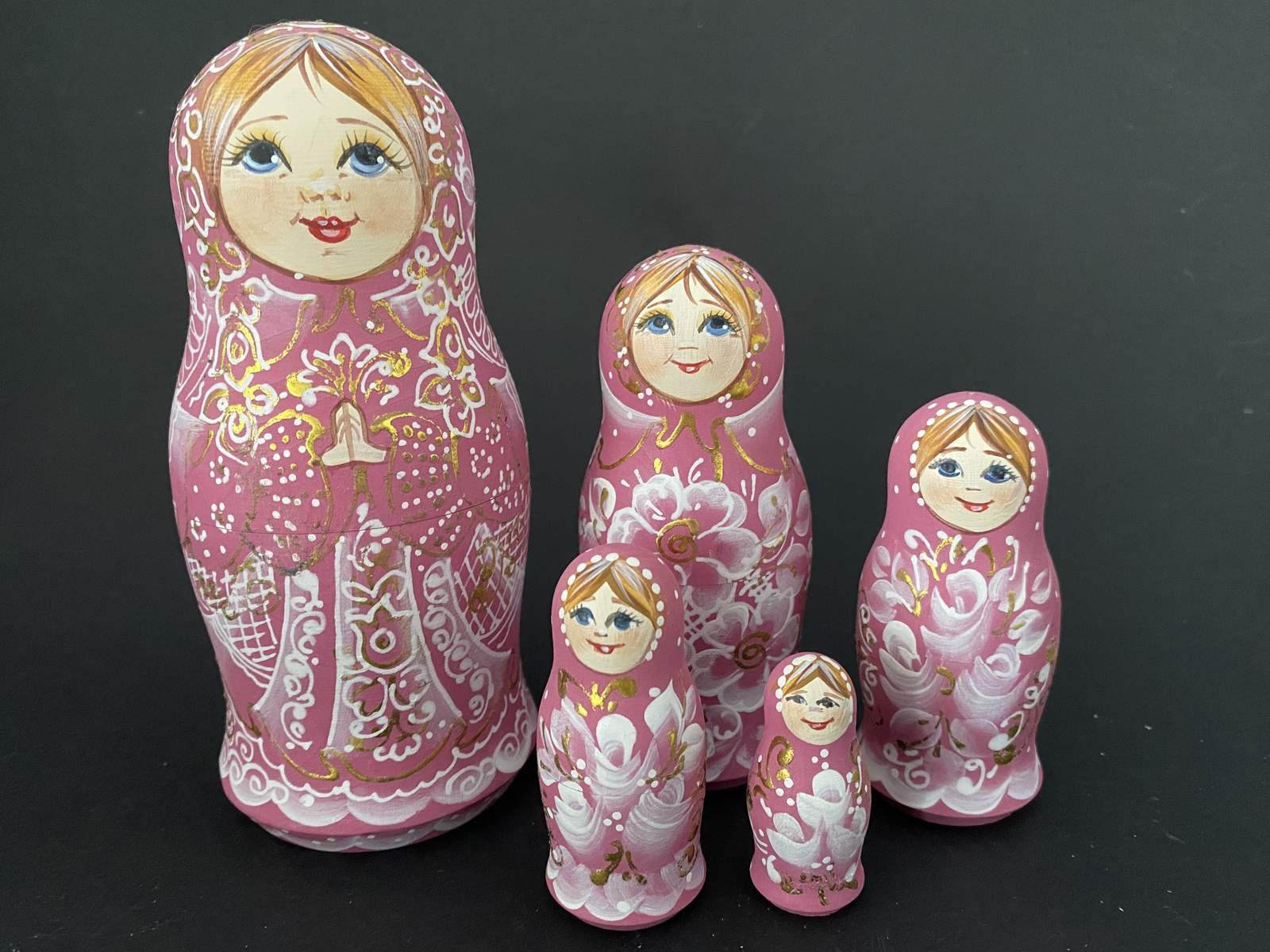 Morozova Pink & White Floral Nesting Dolls - 5 Nested Set