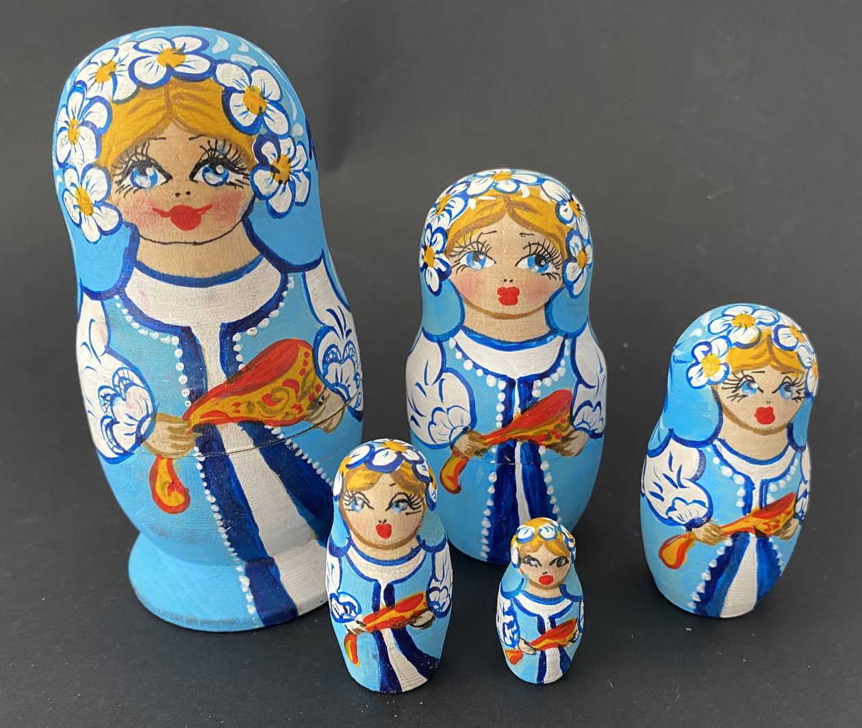 Blue Floral Dancer Nesting Dolls - 5 Nested Set