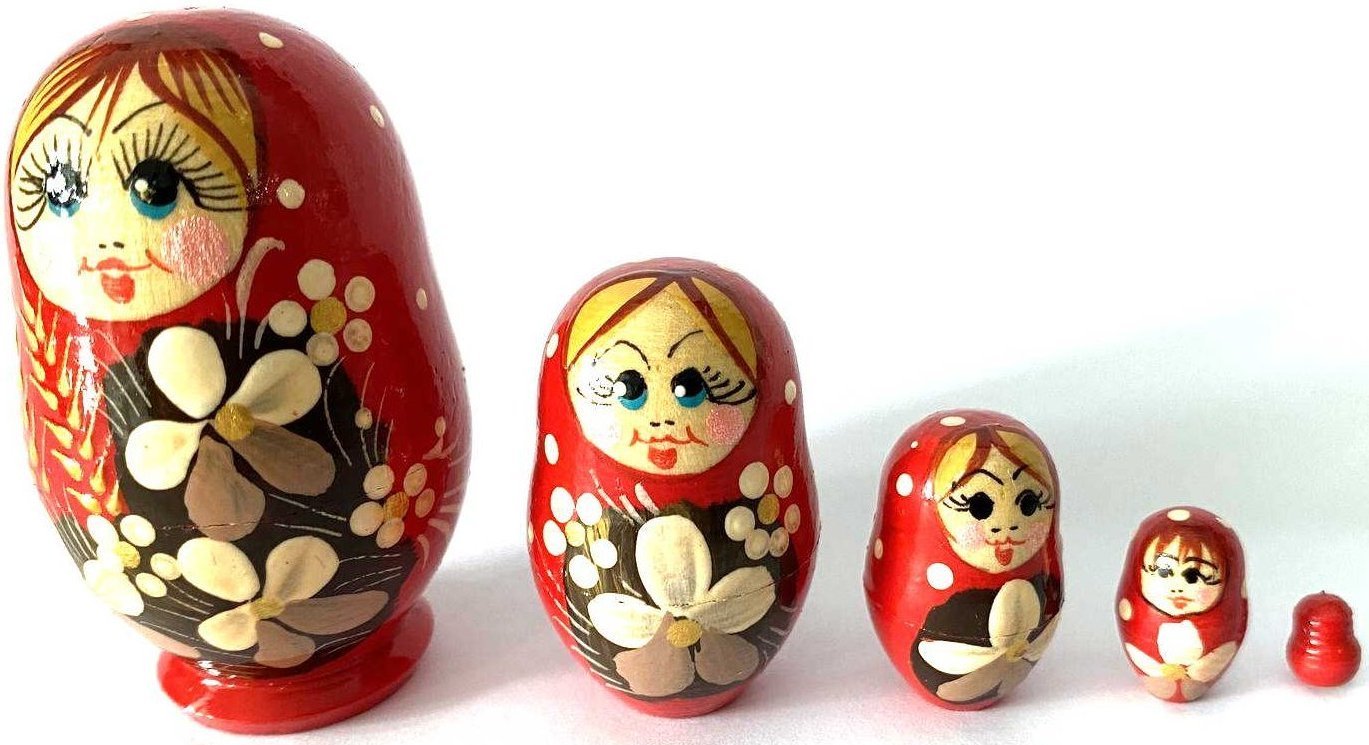 Miniature Red Wheat & White Flower Nesting Dolls – 5 Nested Set