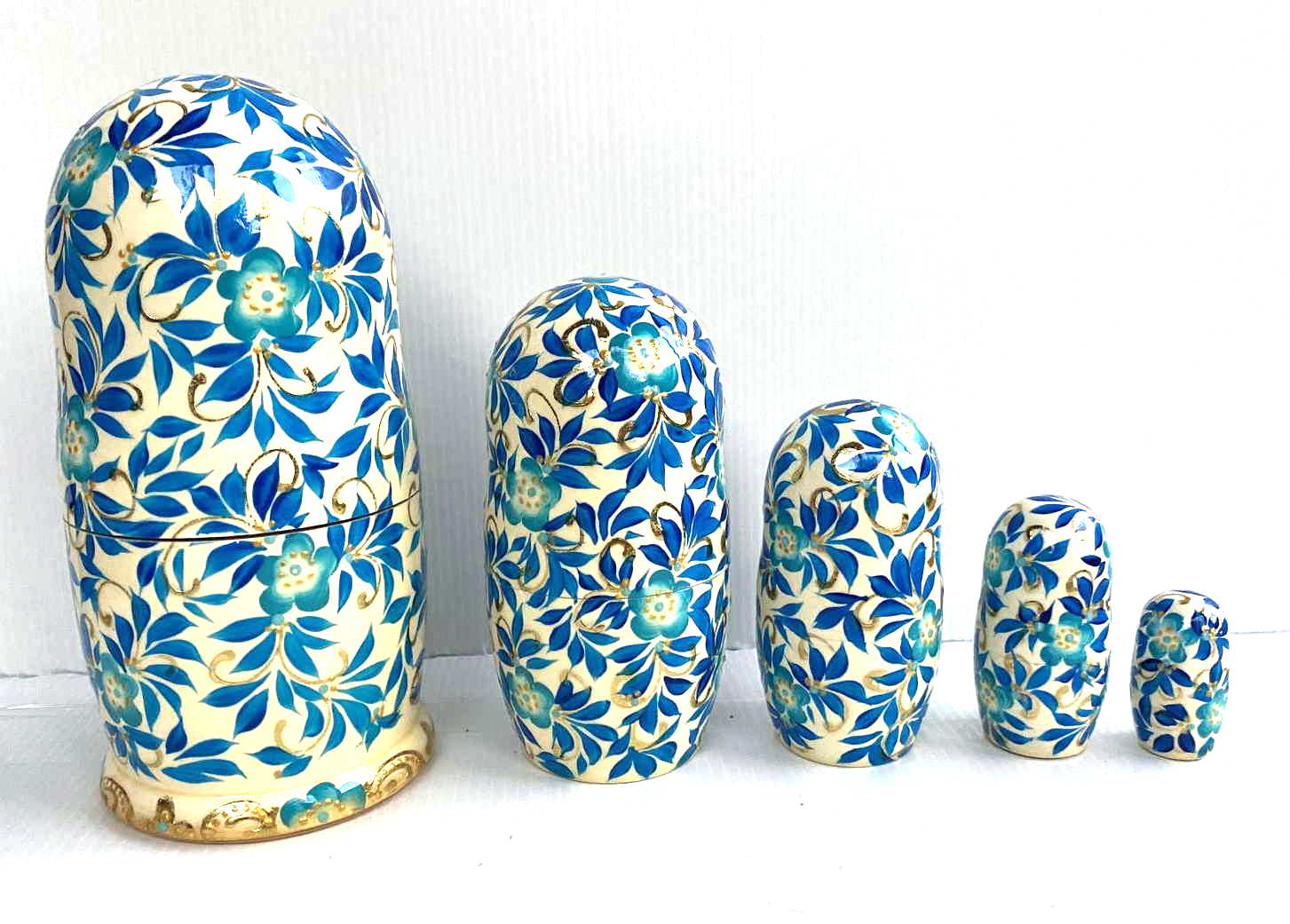 Blue & White Floral Nesting Dolls - 5 Nested Set, Initialled N.S.