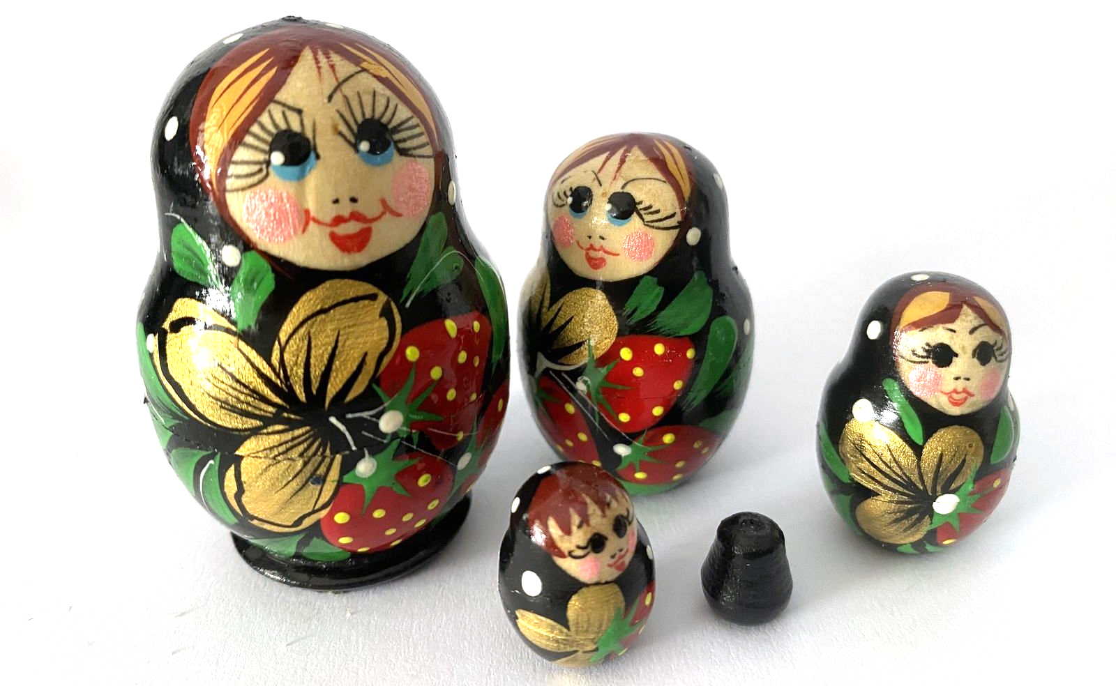 Miniature Black Strawberry & Gold Flower Nesting Dolls – 5 Nested Set - 55mm