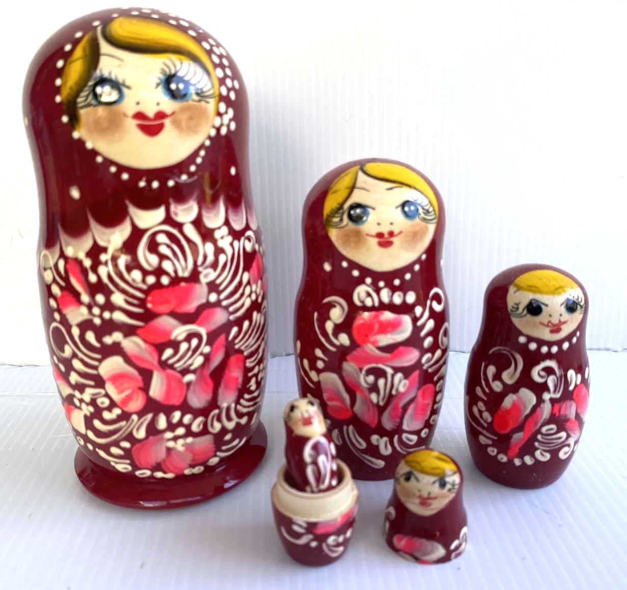Burgundy Scrollwork Matryoshka Nesting Dolls – 5 Nested Set