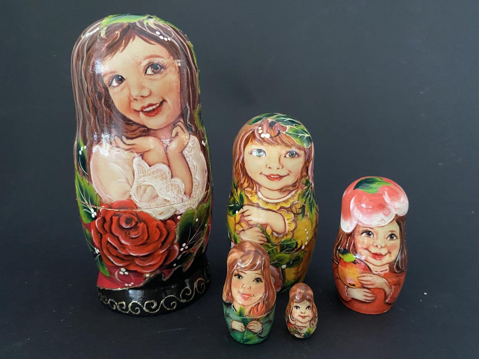 Girls with Roses Nesting Dolls - 5 Nested Set