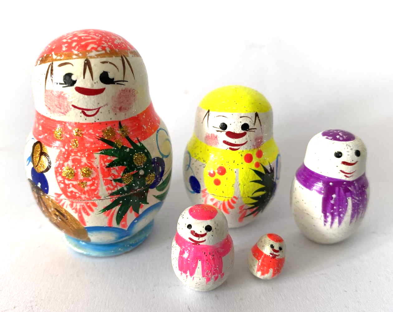 Miniature Colourful Snowman Nesting Dolls – 5 Nested Set