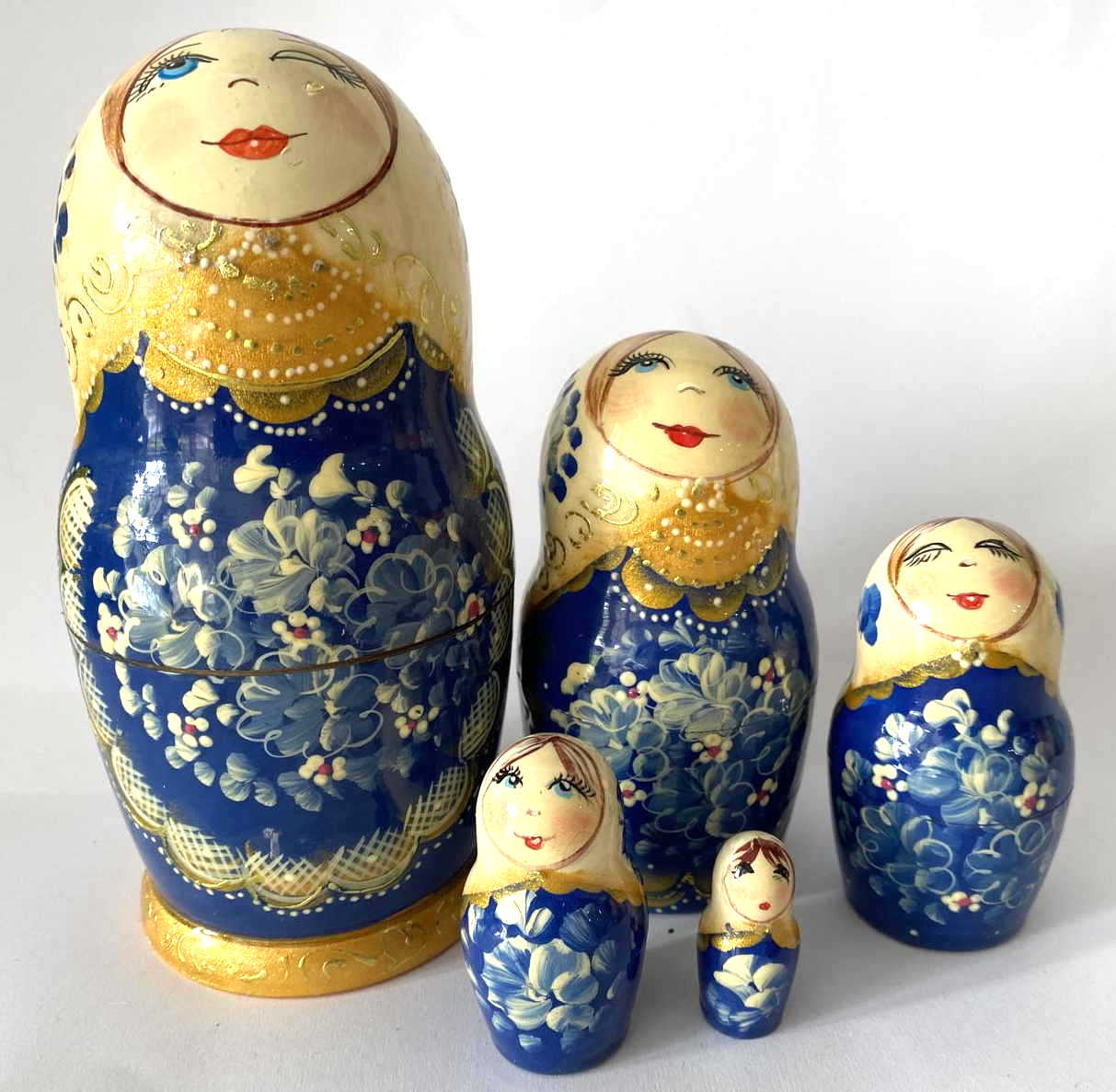 Kudryavtseva Gzhel Blue & Gold Nesting Dolls - 5 Nested Set