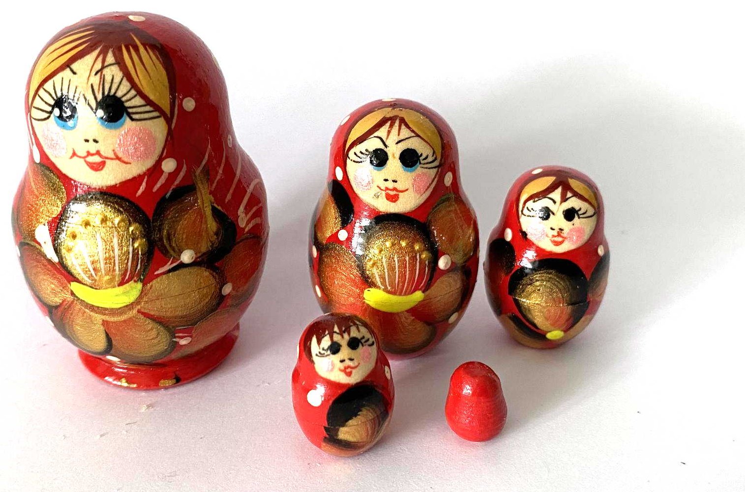 Miniature Red & Gold Sunflower Nesting Dolls – 5 Nested Set - 55mm