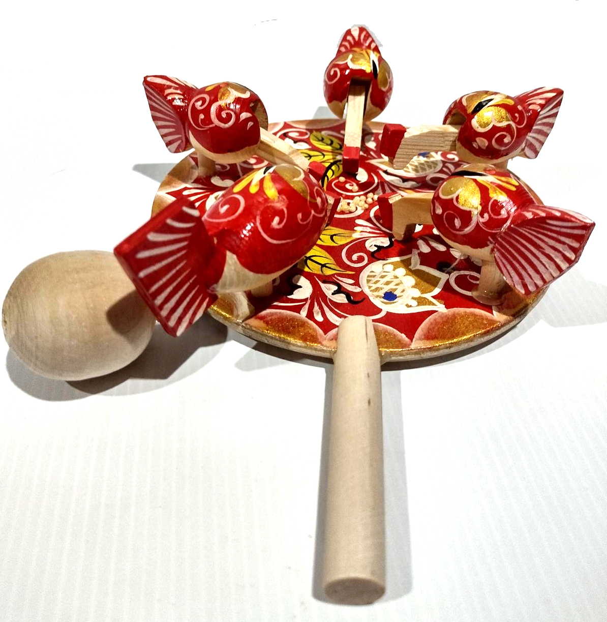 Bogorodsky Toy - Pecking Hens, Five Red Hens, Gold & White Lace