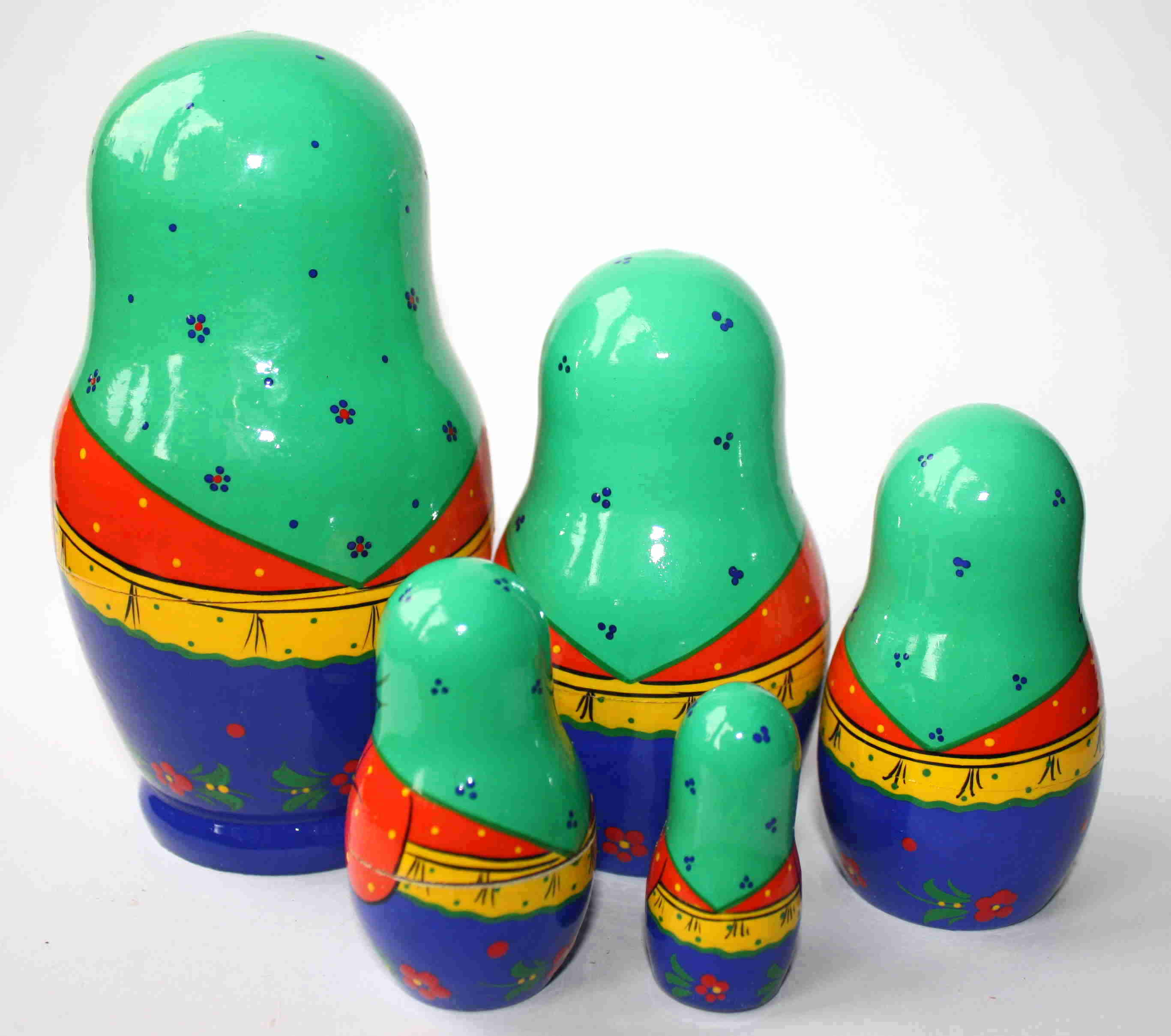 Green & Red Folk Costume Matryoshka with Cat – 5 Nested Set