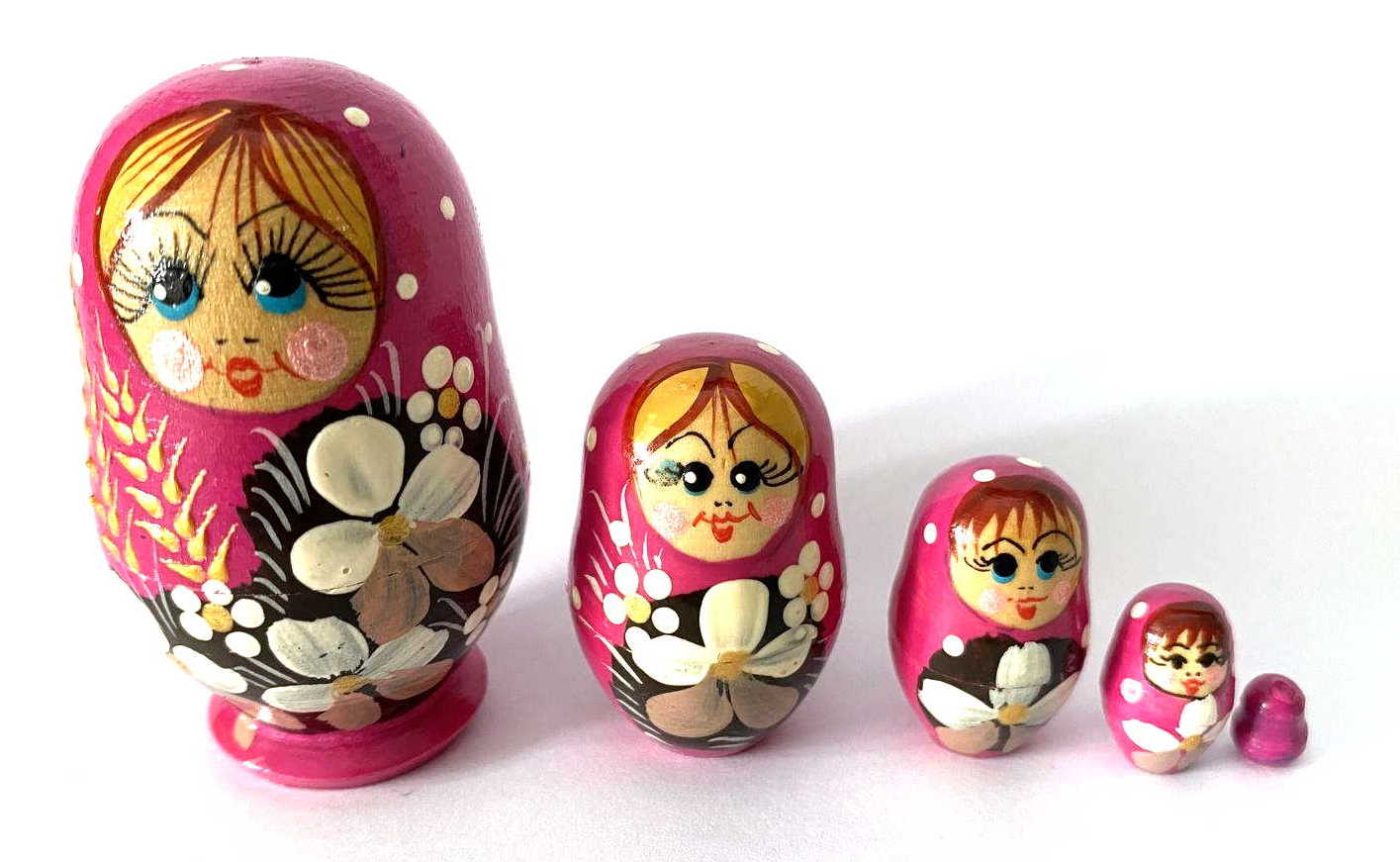 Miniature Pink Wheat & White Flower Nesting Dolls – 5 Nested Set - 55mm