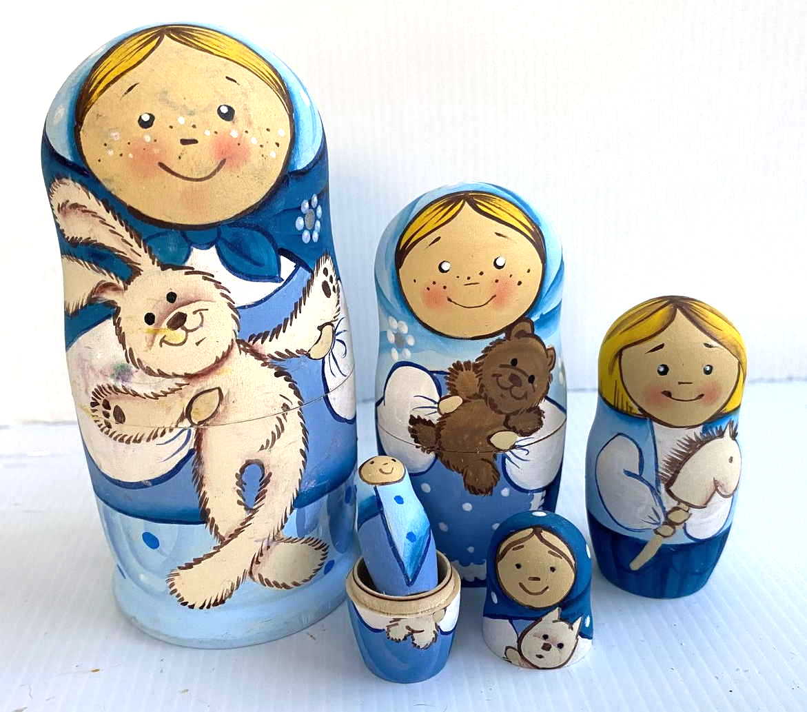 Artist Matryoshka – Freckled Girl with Toys by Belyakova – 5 Nested Set