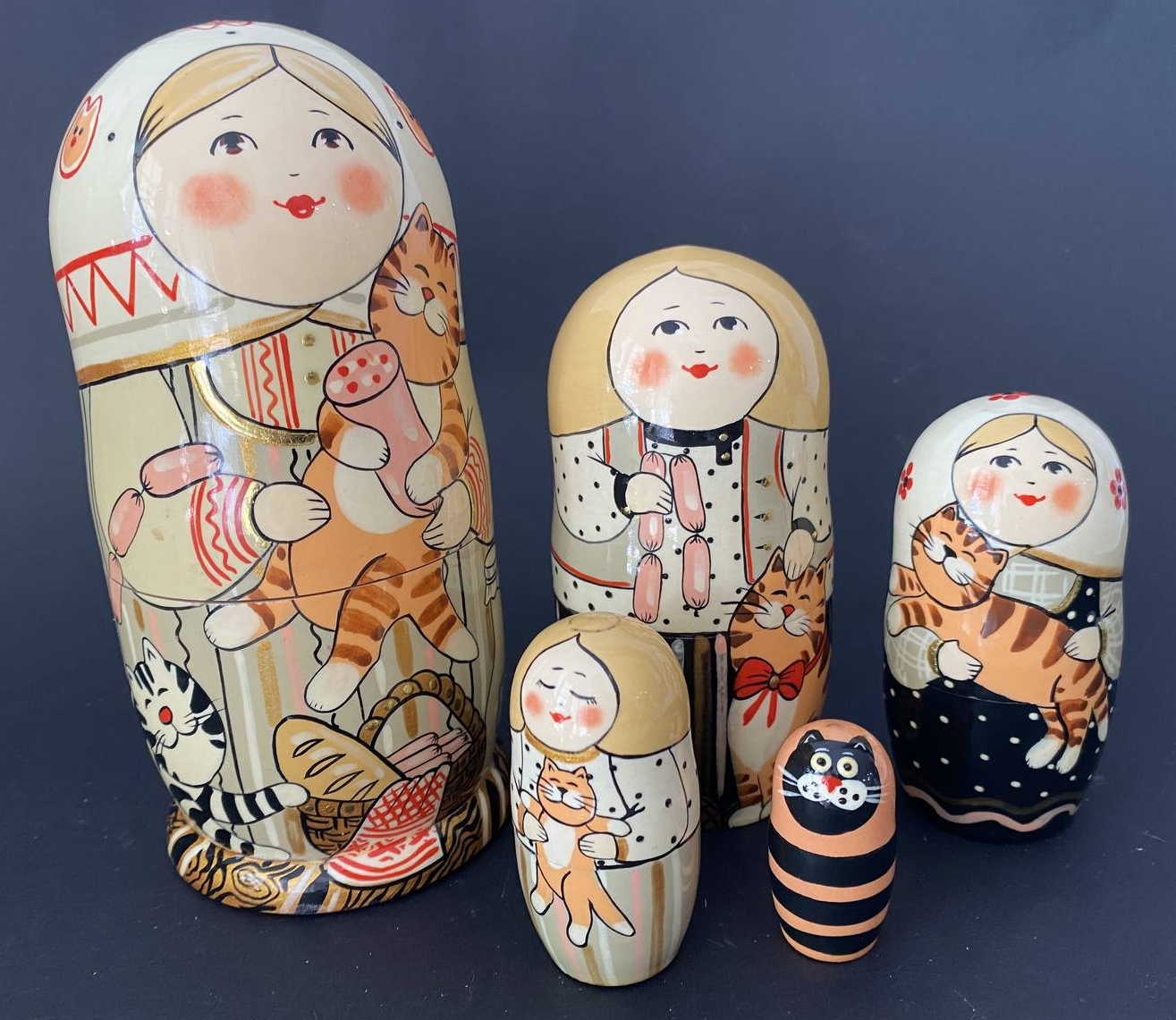 Yolkin Girl with Cats Nesting Dolls - 5 Nested Set