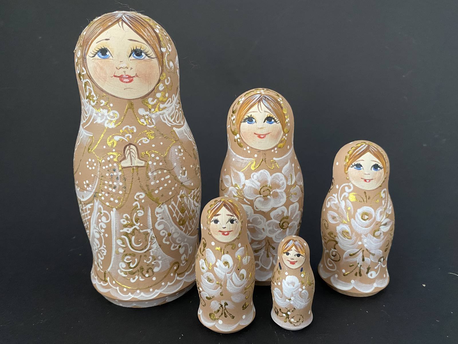 Morozova Champagne & Gold Floral Nesting Dolls - 5 Nested Set