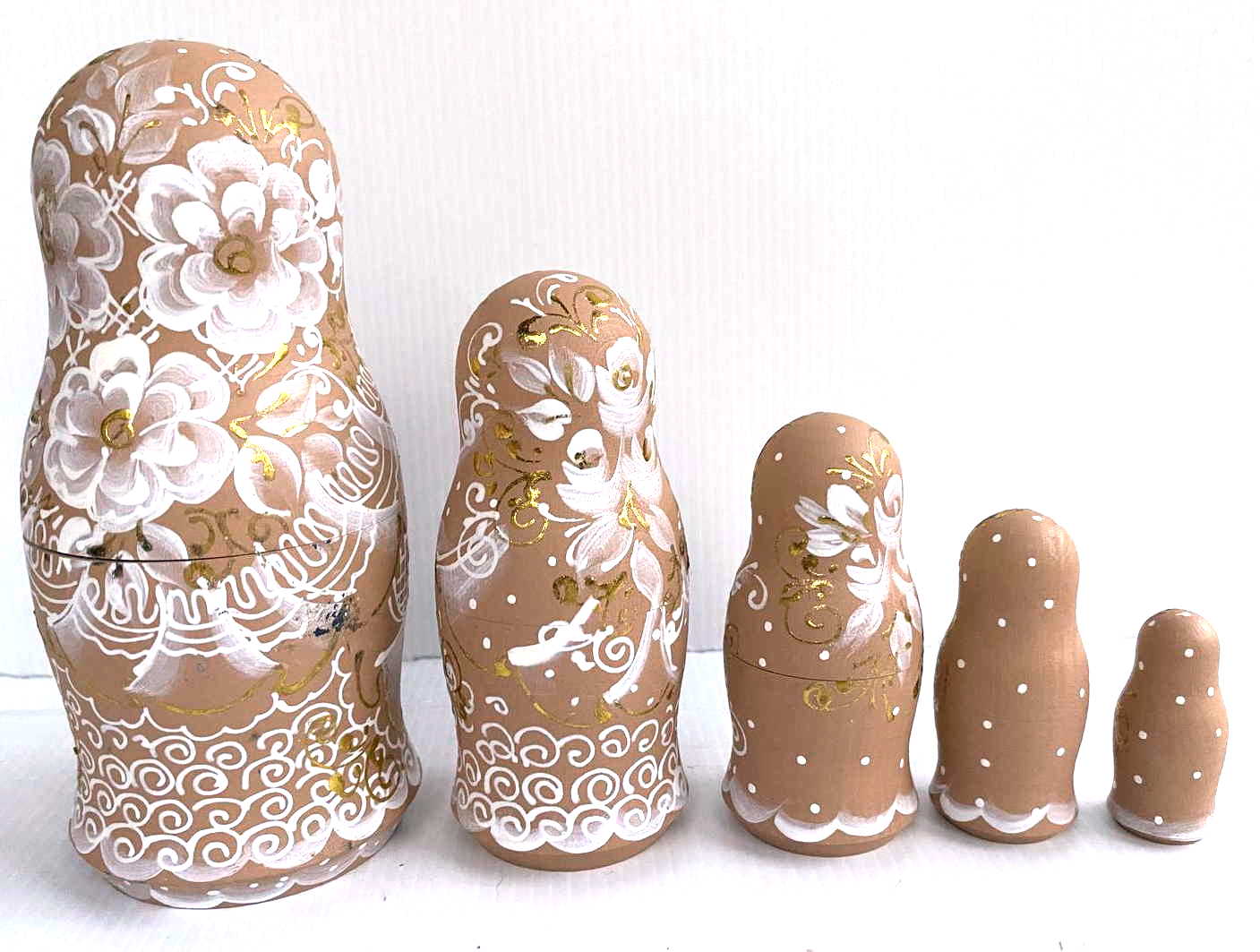 Morozova Champagne & Gold Floral Nesting Dolls - 5 Nested Set