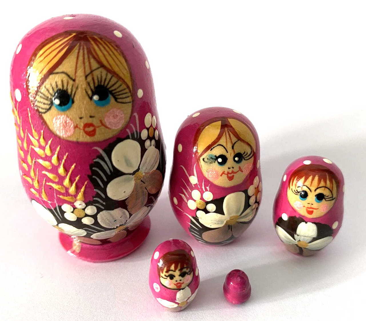 Miniature Pink Wheat & White Flower Nesting Dolls – 5 Nested Set - 55mm