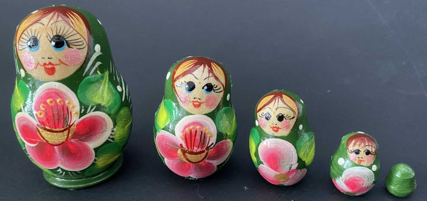Miniature Green Floral Nesting Dolls – 5 Nested Set