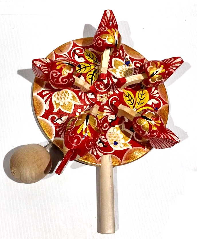 Bogorodsky Toy - Pecking Hens, Five Red Hens, Gold & White Lace