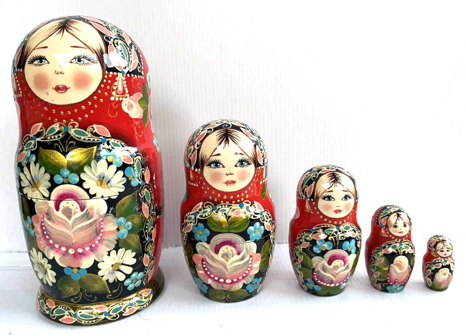 Red & Black Floral Nesting Dolls - 5 Nested Set, Initialled Я.В.