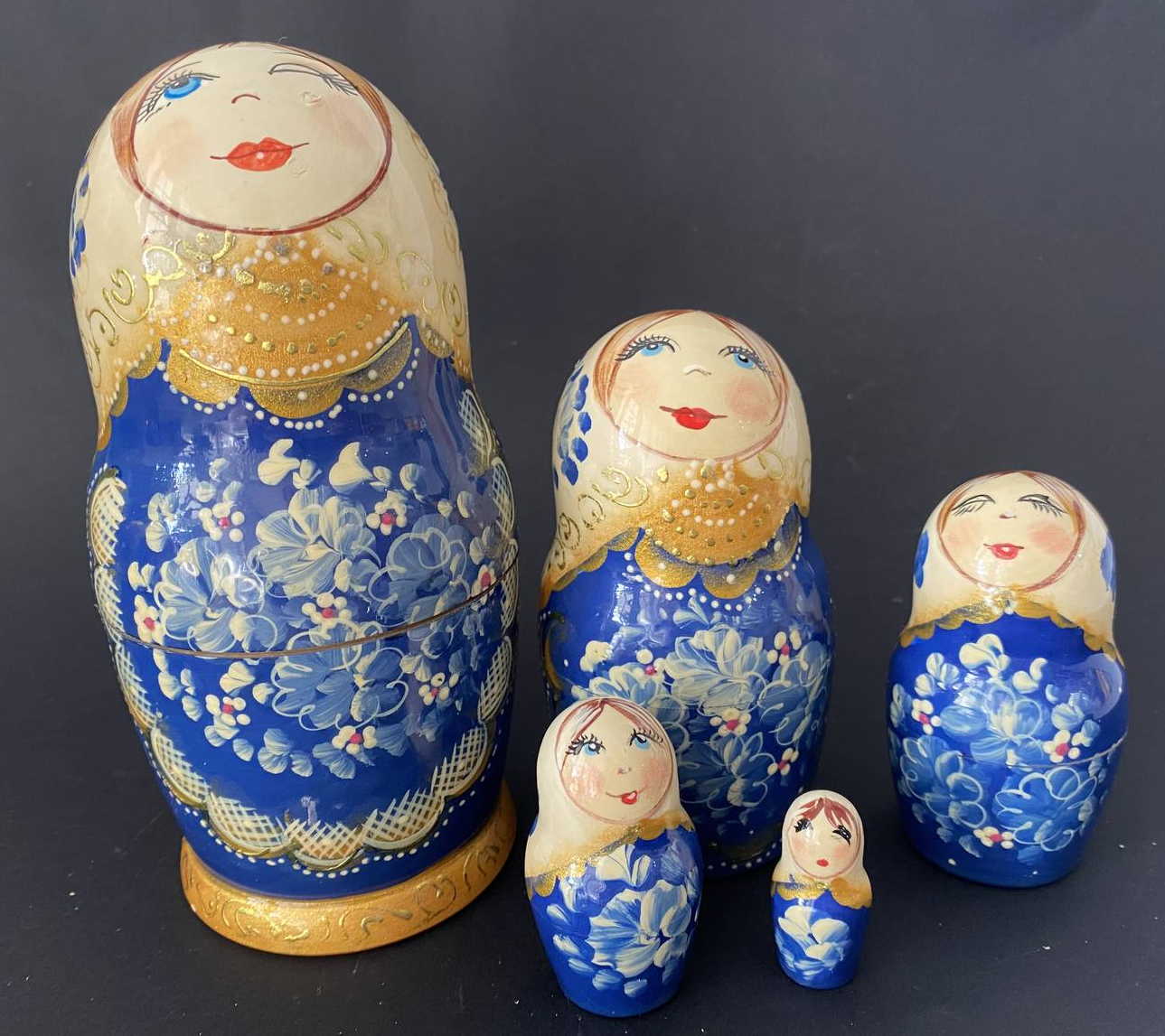 Kudryavtseva Gzhel Blue & Gold Nesting Dolls - 5 Nested Set