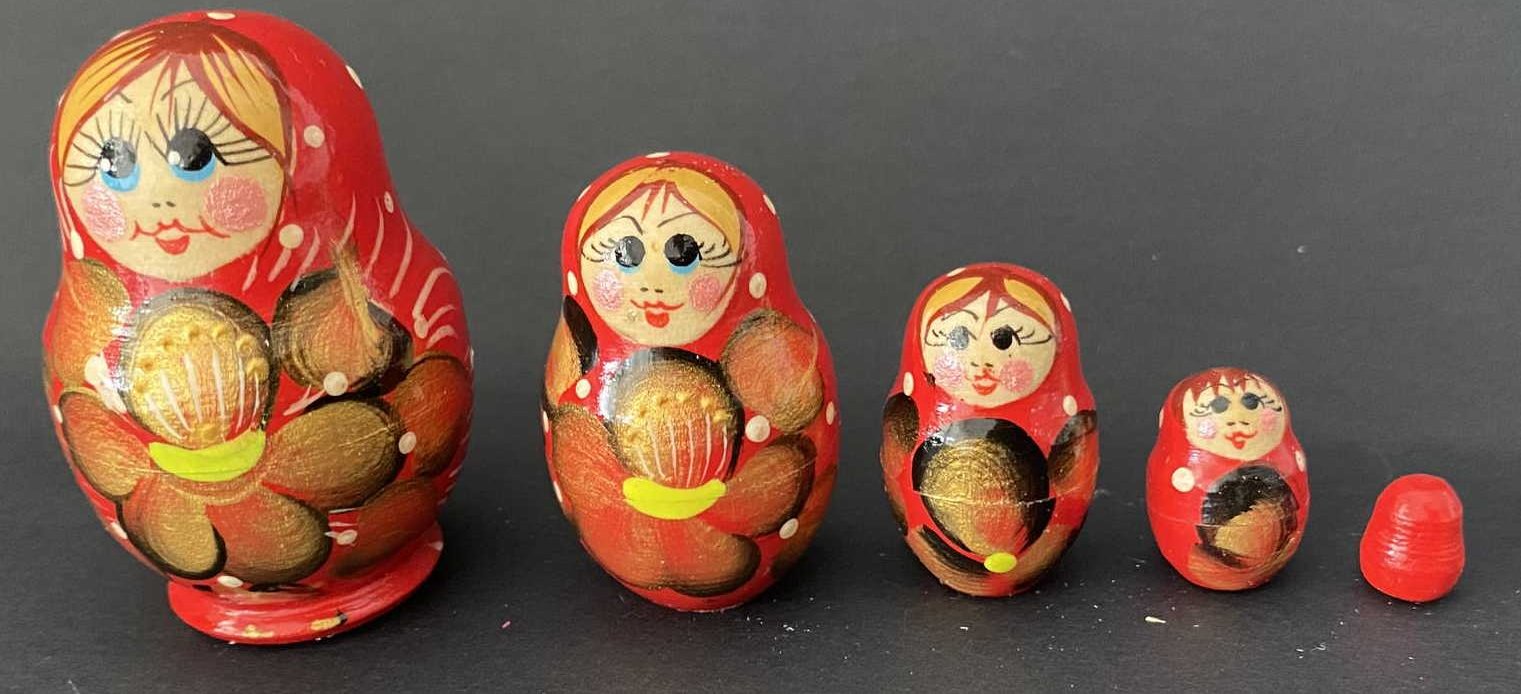 Miniature Red & Gold Sunflower Nesting Dolls – 5 Nested Set - 55mm