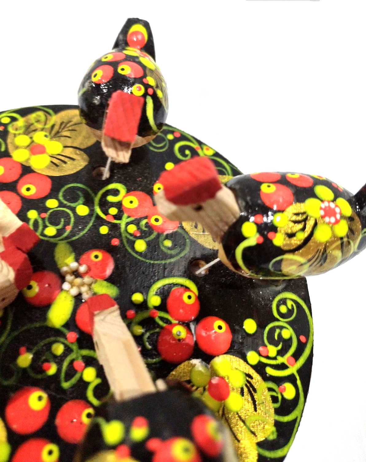 Bogorodsky Toy - Pecking Hens, Five Black Hens, Lime & Coral Berries