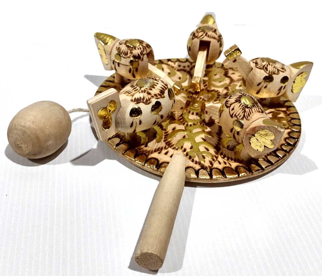 Bogorodsky Toy - Pecking Hens, Five Hens, Wood-Burned & Gold