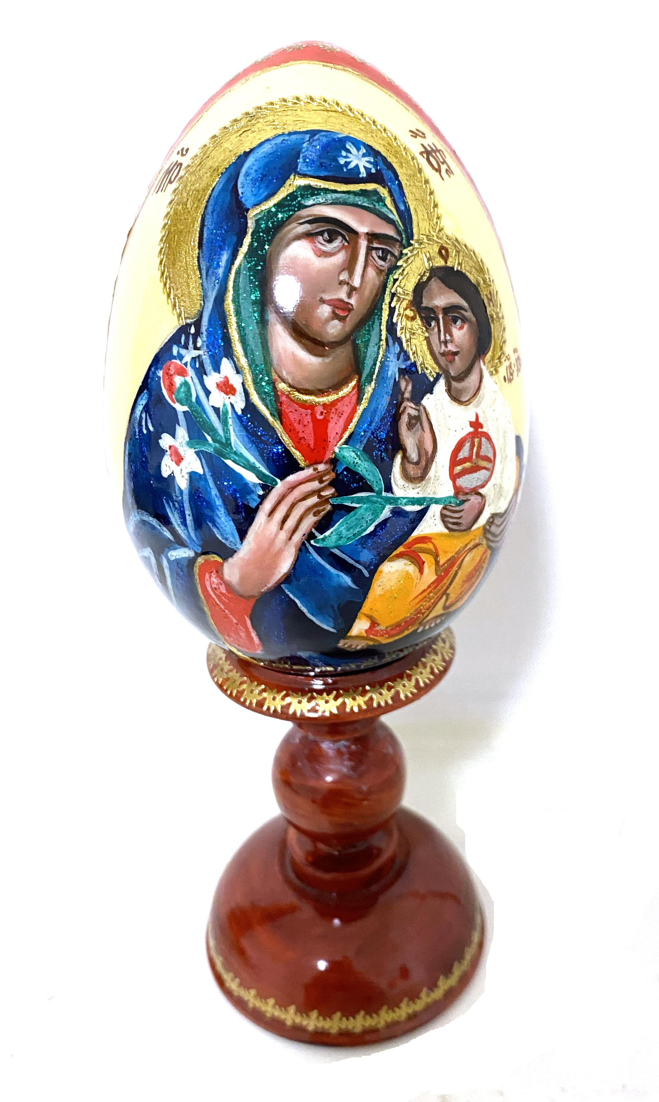 Wooden Egg Icon - Mother and Child - Unfading Flower - by Novikov