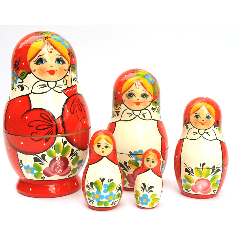 Artists Matryoshka – Red Girl with Flowers & Apron (5 Nested set)