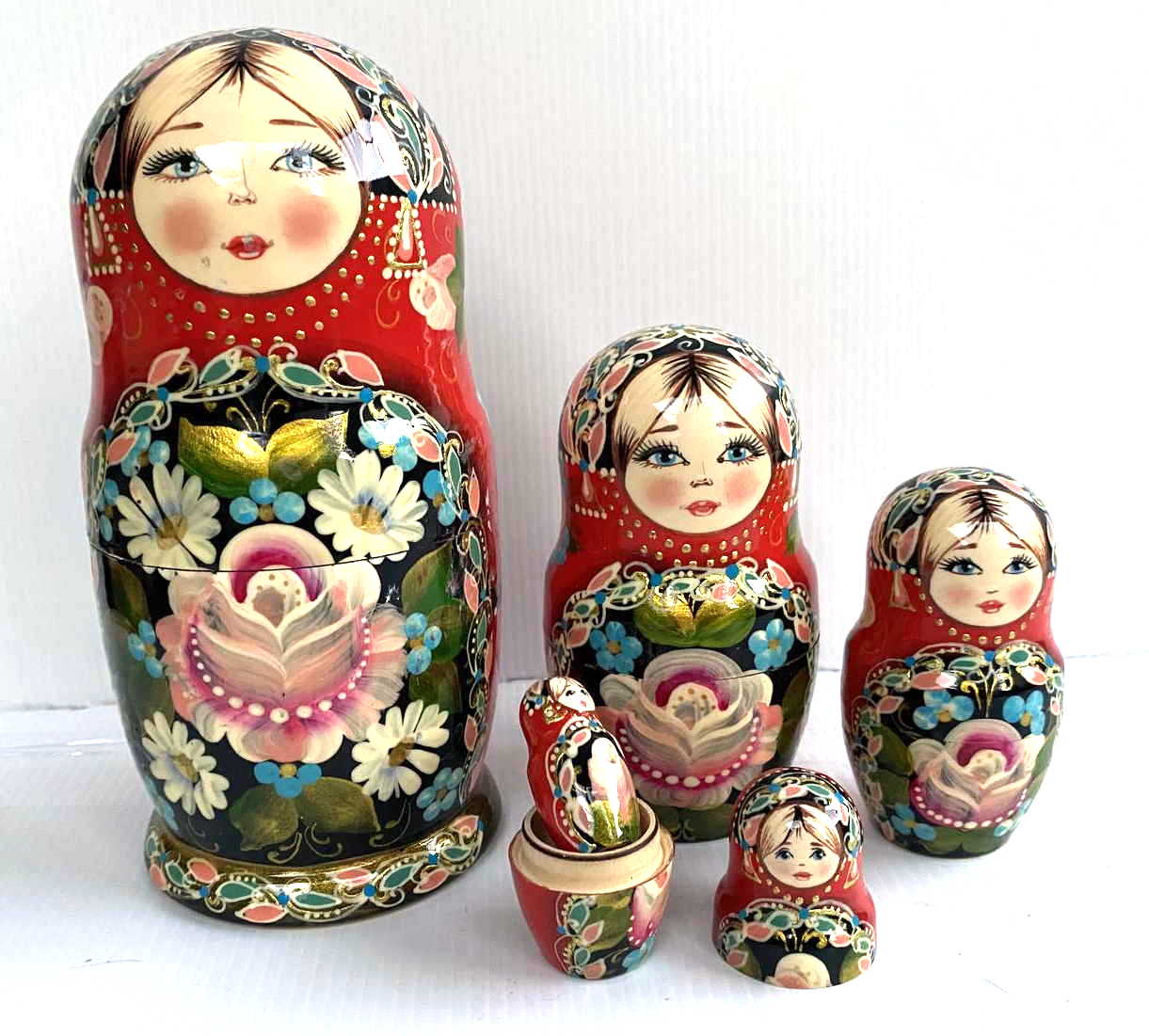 Red & Black Floral Nesting Dolls - 5 Nested Set, Initialled Я.В.