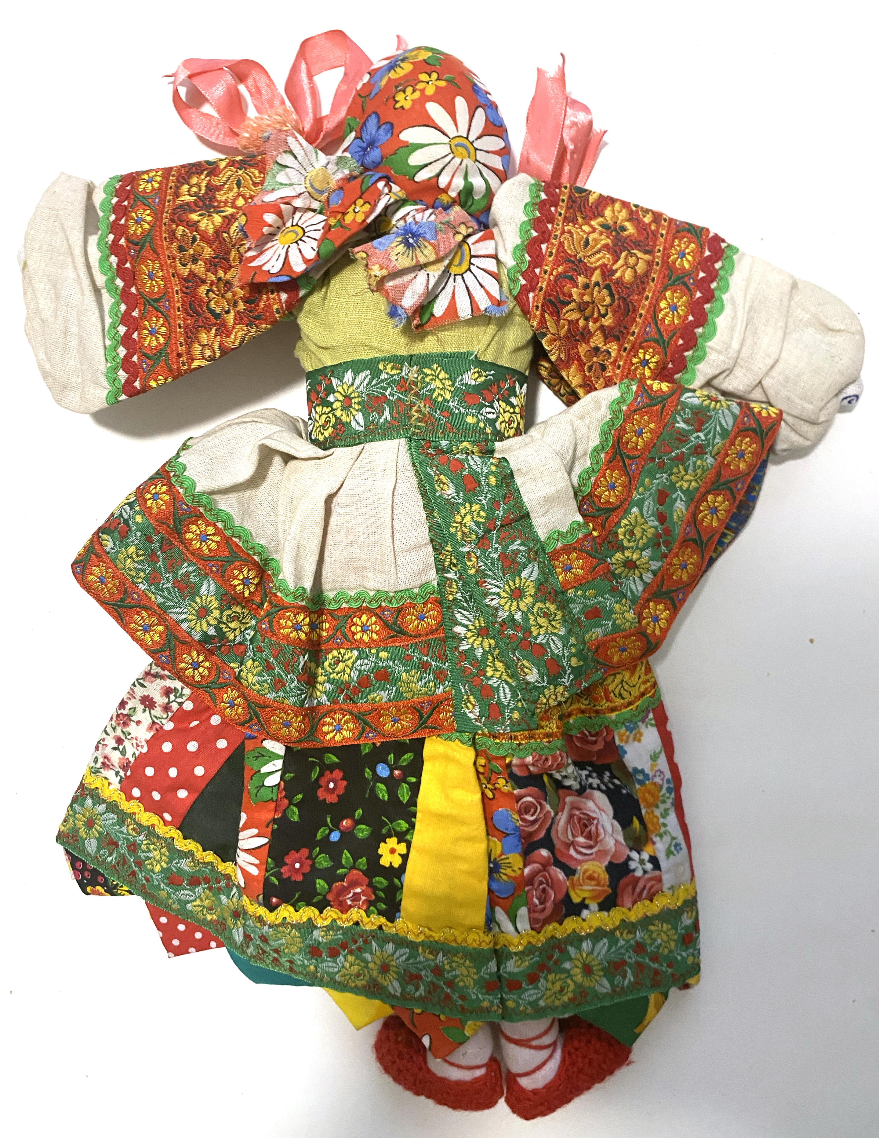 Cloth doll with wooden face, pink braided girl